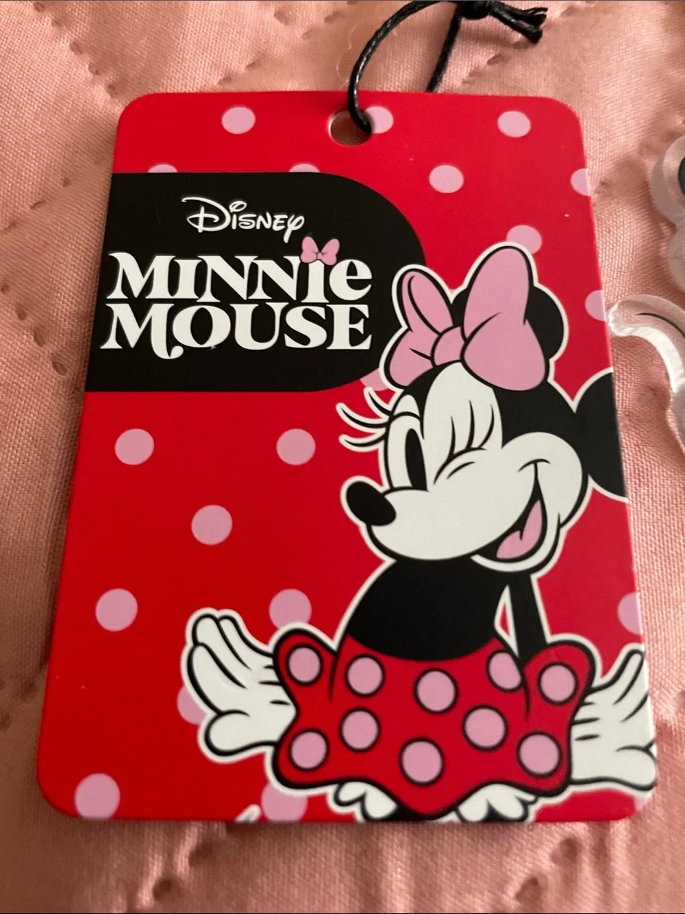 Disney Minnie Mouse Pink Pom Keychain with Red Tag and Gold Hardware